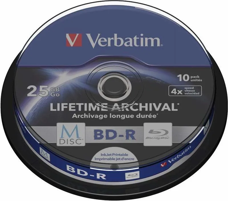 BD-R VERBATIM 25GB, viteza 4x, 10 buc, spindle, printabil, "MDISC Lifetime Archival" "43825"