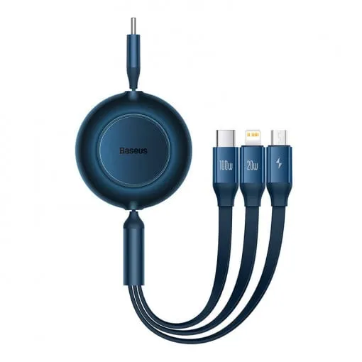 Cablu retractabil 3-în-1 Baseus albastru cu conectori USB-C, Lightning și Micro-USB