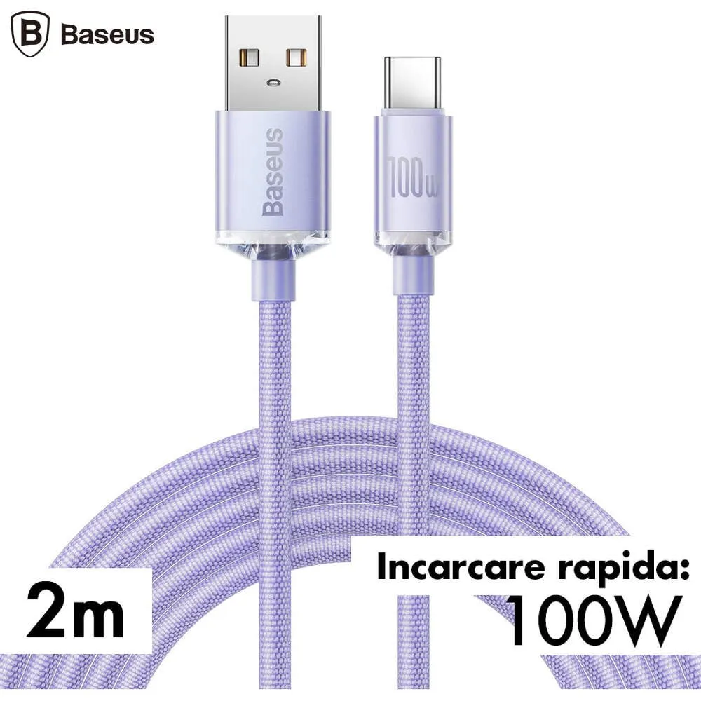 CABLU alimentare si date Baseus Crystal Shine, Fast Charging Data Cable pt. smartphone, USB la USB Type-C 100W, 2m, braided, mov "CAJY000505" (timbru verde 0.18 lei) - 6932172602857