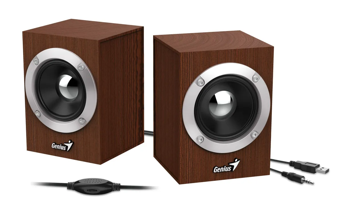 Boxă audio stereo Genius 2.0 USB cu carcasă din lemn maro