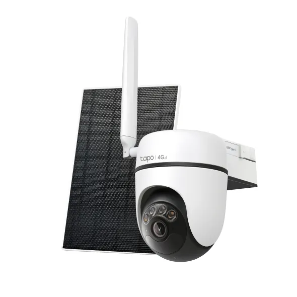 CAMERA IP TP-LINK + PANOU SOLAR, wireless, turret, pt.exterior, dist. IR 9 m, tip lentila fixa 4 mm, 2K 3MP (2304 × 1296 px), slot SIM 4G LTE, microfon, carcasa plastic, slot SD card, "Tapo C615G KIT" (timbru verde 0.8 lei)