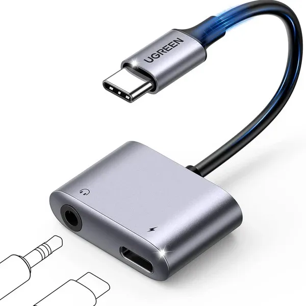 ADAPTOR Incarcare si audio Ugreen, "CM231", 1 x USB Type-C(T) la 1 x USB Type-C(M) si 1 x Jack 3.5mm(M), lungime cablu 10 cm, gri "60164" (timbru verde 0.08 lei) - 6957303861644