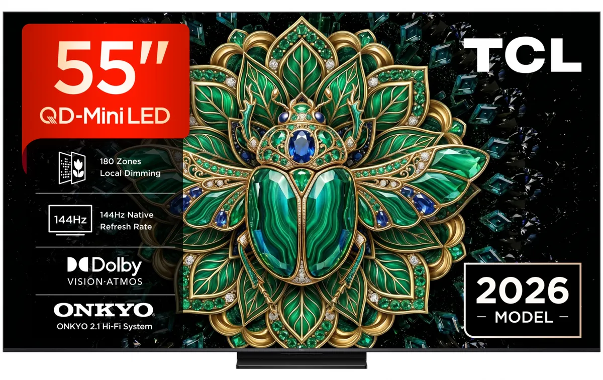 Televizor TCL 55 inch QD-MiniLED 4K cu ecran negru activ și detaliu 4K