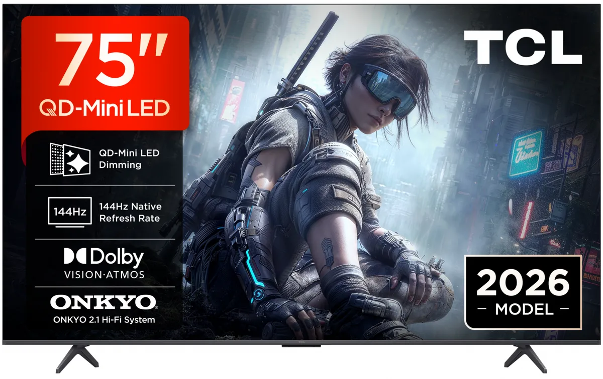 Televizor TCL 75T8D QD-MiniLED 4K 75 inch cu ecran negru și cadru minimal