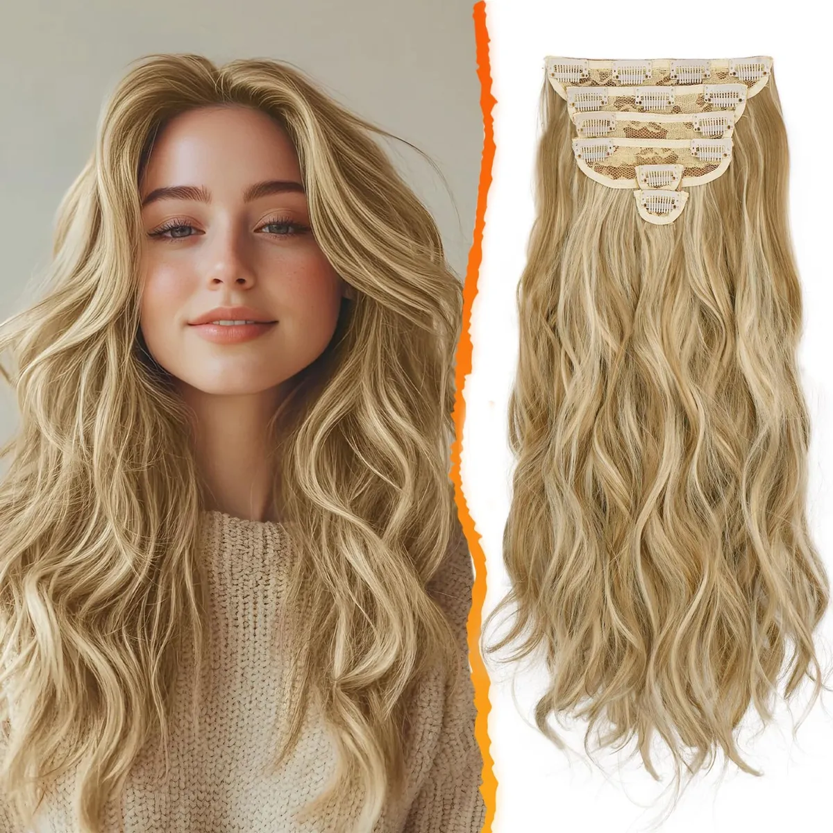 Extensii păr clip-in ondulate, 6 bucăți, blond auriu