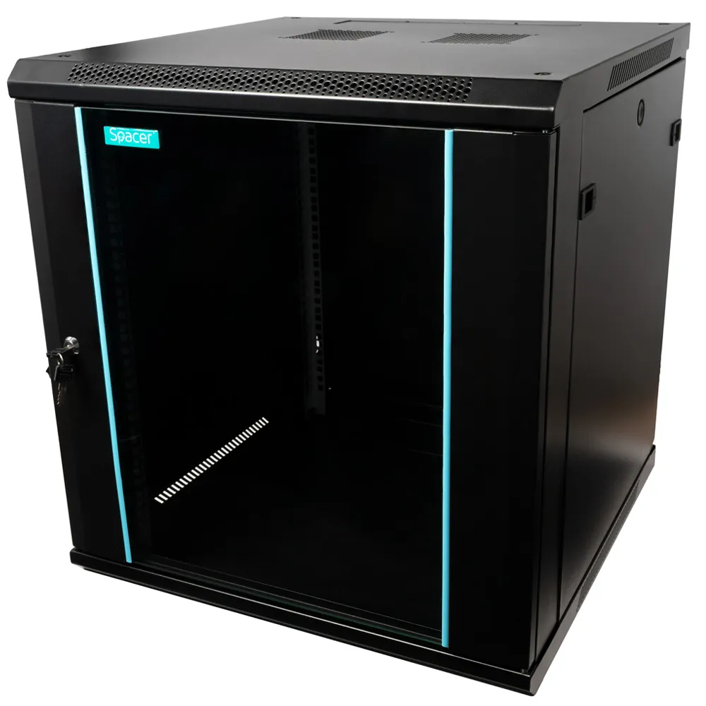 Cabinet rack 19 inch 12U SPACER negru fixare perete cu usa sticla