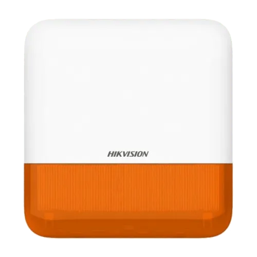 Sirenă exterior wireless Hikvision AXPro866 portocalie, montată pe perete