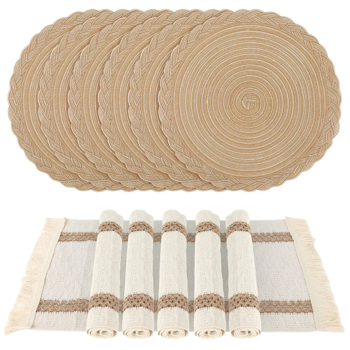 Set 6 suporturi pahar tesute manual din bumbac natural cu ciucuri
