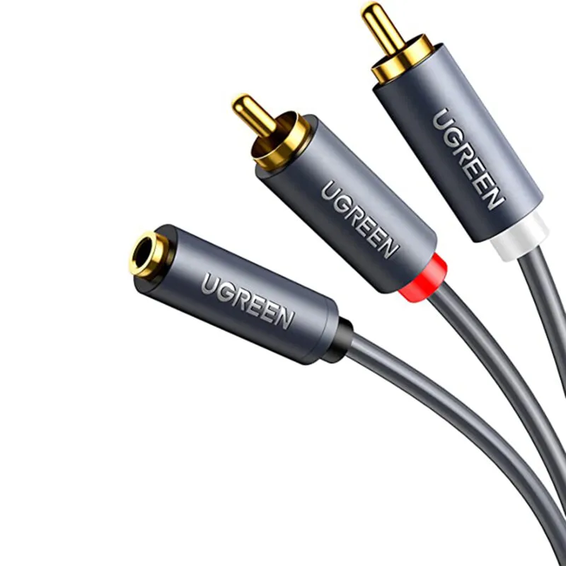 CABLU audio Ugreen, "AV102" stereo 3.5 mm jack (M) la 2 x RCA (T), 1m, conectori auriti, gri "10588" (timbru verde 0.18 lei) - 6957303815883