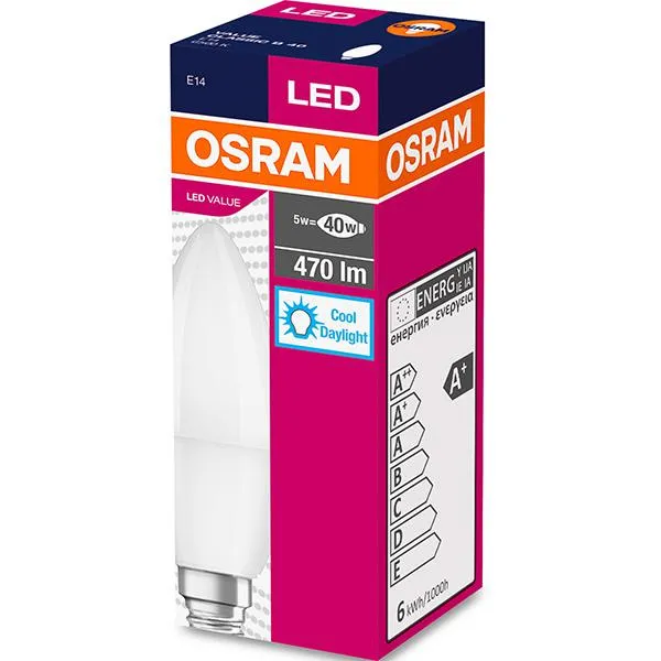 Bec LED Osram E14 5.5W forma lumanare alb rece