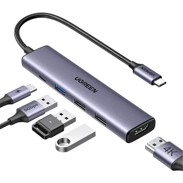DOCKING Station Ugreen, "CM478" conectare PC USB Type-C, USB 3.0 x 1|USB 2.0 x 2|HDMI x 1/4K/30Hz|USB Type C x 1 PD 100W, aluminiu, gri "15495" (timbru verde 0.8 lei) -6941876214952