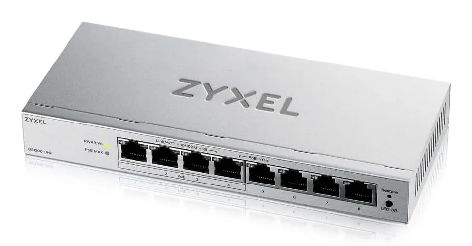 Switch administrat ZyXel GS1200-8HPV3 cu 8 porturi Gigabit și 4 PoE