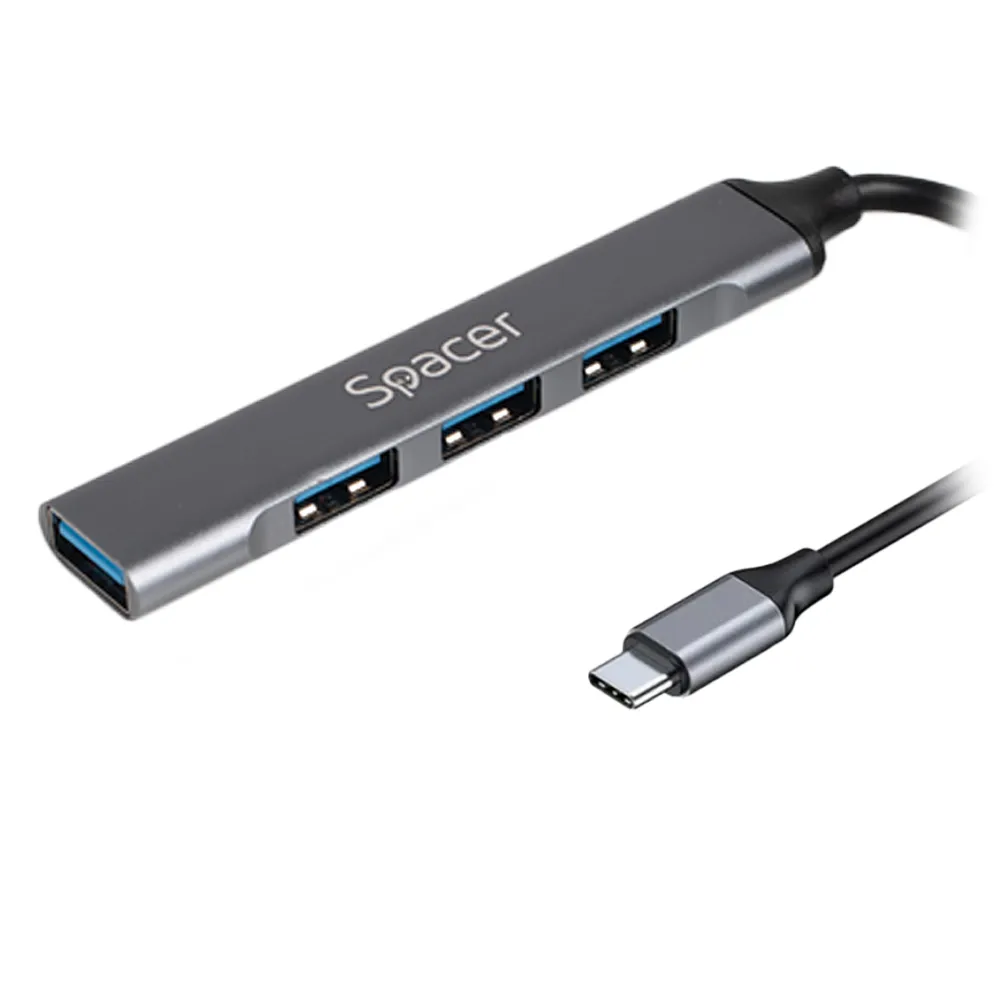HUB USB Tip C SPACER 4 porturi aluminiu negru cu cablu 1m