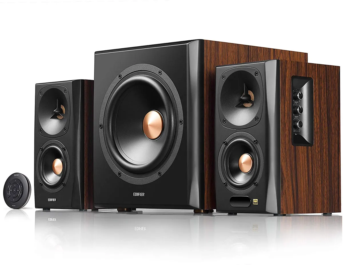 Boxă Edifier S360DB 2.1 maro cu woofer wireless și telecomandă
