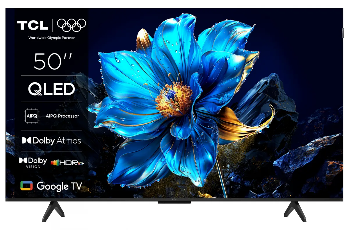 Televizor QLED 4K TCL 50P71K 50 inch cu ecran negru și carcasă subțire