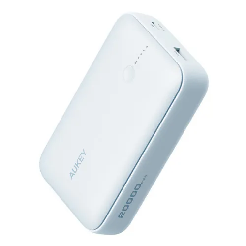 Baterie externă 20000 mAh Aukey albastră cu 2 porturi USB