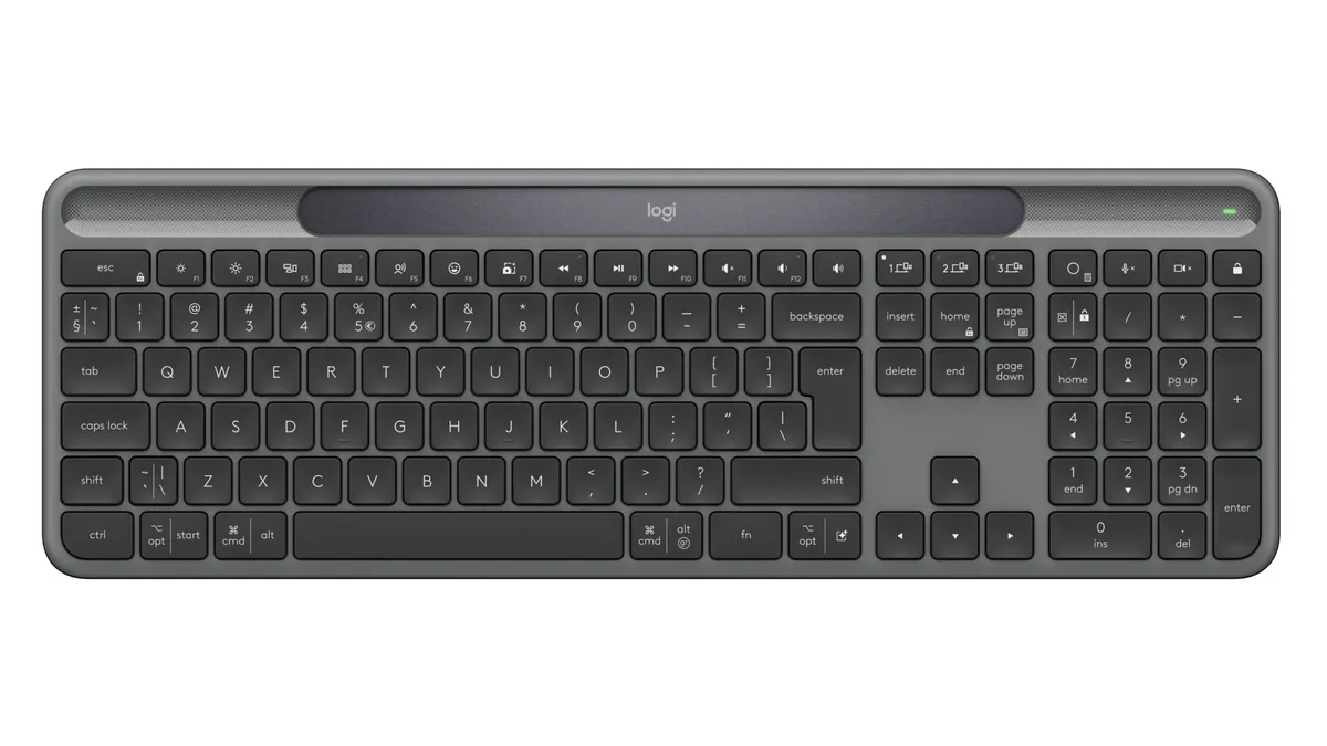 Tastatura Logitech K980 Slim Solar cu panou solar integrat, design negru-gri