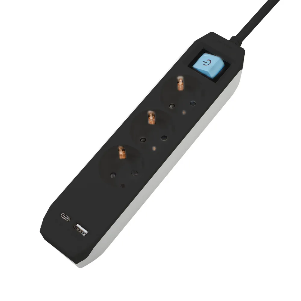 Prelungitor electric Spacer negru cu 3 prize Schuko și porturi USB-C și USB