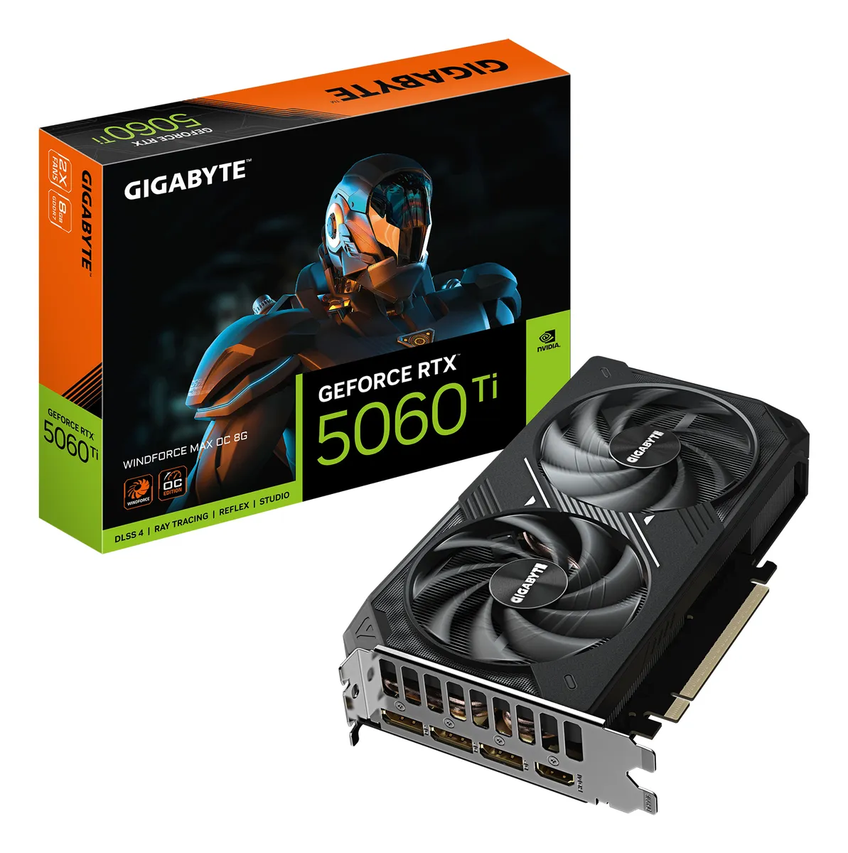 Placă video Gigabyte RTX 5060 Ti WindForce Max OC 8GB cu cooler negru și trei ventilatoare