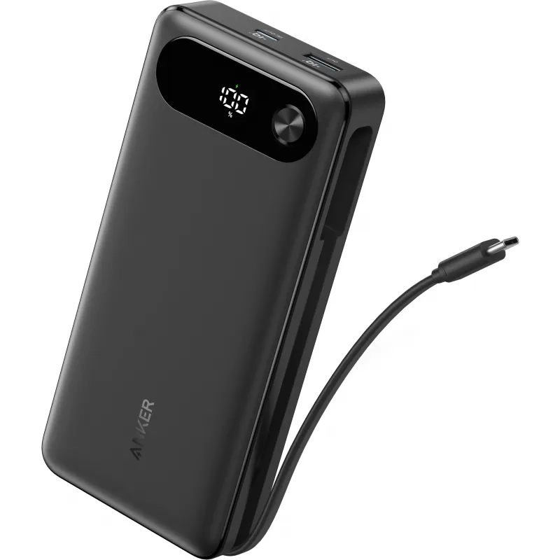 Baterie externă Anker 20.000 mAh neagră cu 3 porturi USB și cablul atașat