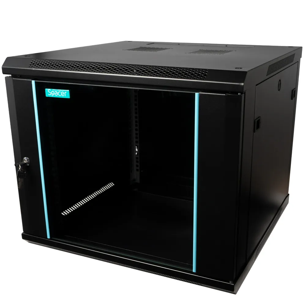 Cabinet rețelistică 19 inchi 9U 600x600mm negru cu ușă sticlă