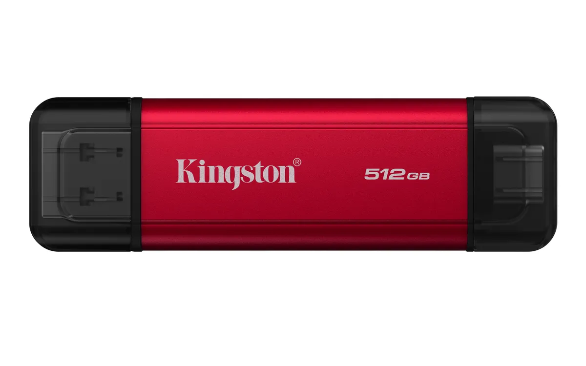 SSD portabil Kingston 512GB cu conectori USB-A și USB-C, design compact și negru