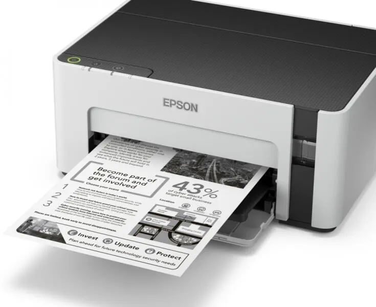 Imprimantă Epson M1100 albastru și alb, vedere frontală