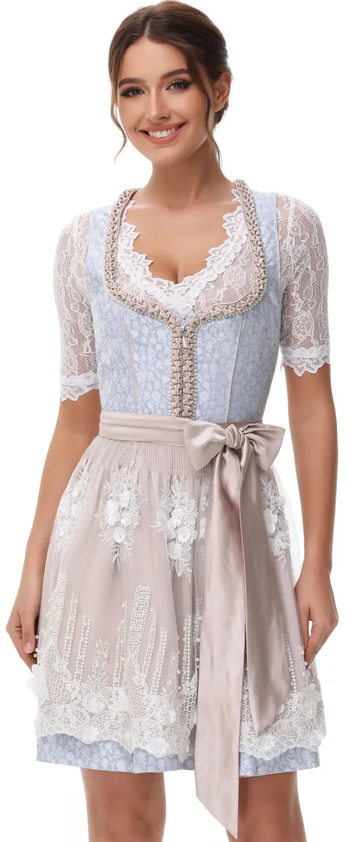 Rochie Dirndl tradițională Oktoberfest albastru cu șorț din dantelă 50cm