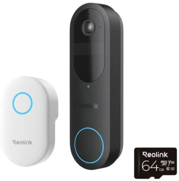 Sonerie video wireless Reolink D340B cu card 64GB, montată pe perete alb