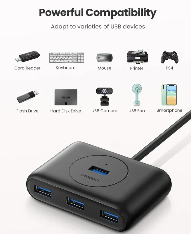 HUB USB 3.0 Ugreen CR113 negru cu 4 porturi și cablu 1 metru