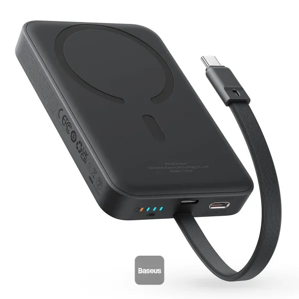 Baterie externă Baseus Magnetic Mini neagră cu capabilități wireless charging
