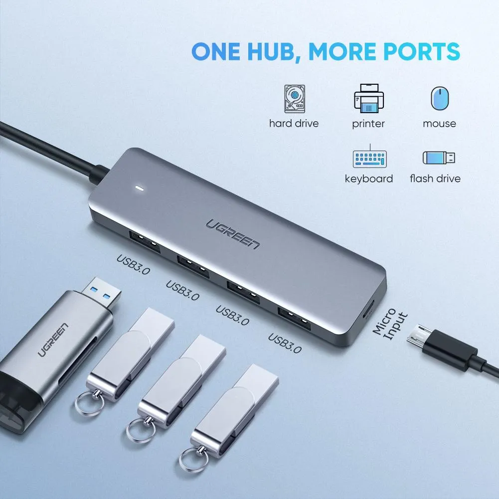 HUB USB-C Ugreen CM219 gri aluminiu cu 4 porturi USB 3.0