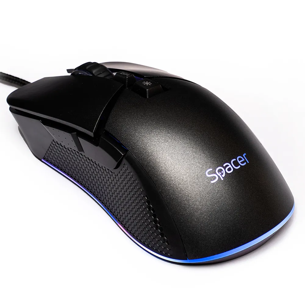 Mouse gaming Spacer Pulsar Pro negru cu iluminare RGB și 7 butoane