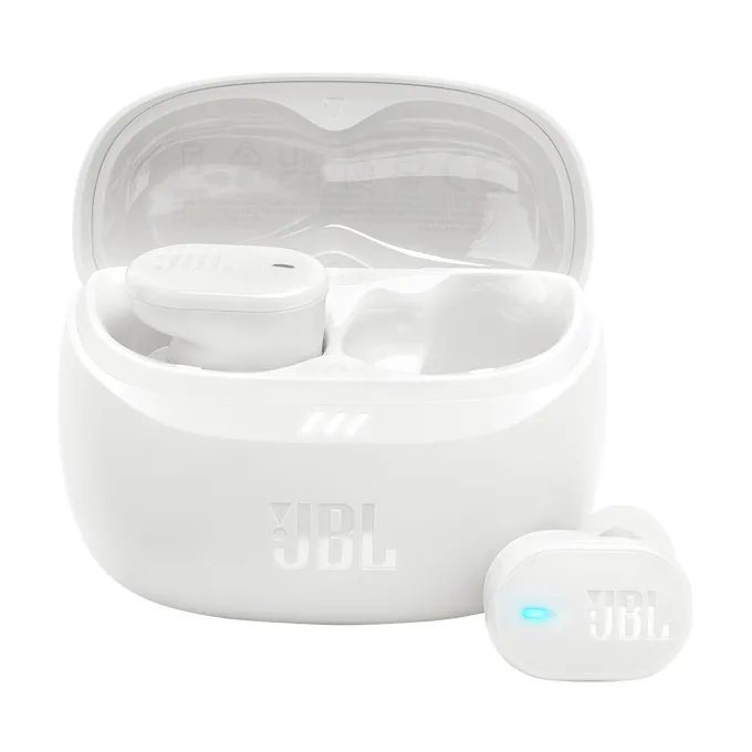 JBL Tune Buds 2 căști wireless albe cu carcasă de încărcare