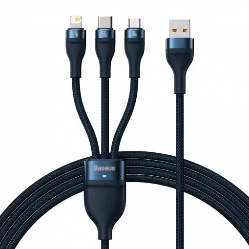 Cablu Baseus Flash Series II 3 în 1 cu USB-C, Lightning și Micro-USB, albastru