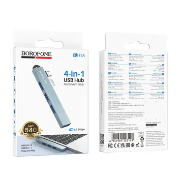 HUB extern Borofone "FH1", conectare PC prin USB 2.0 la: USB 2.0 x 3 si USB 3.0 x 1, metalic, argintiu, "6941991126123" (timbru verde 0.8 lei)