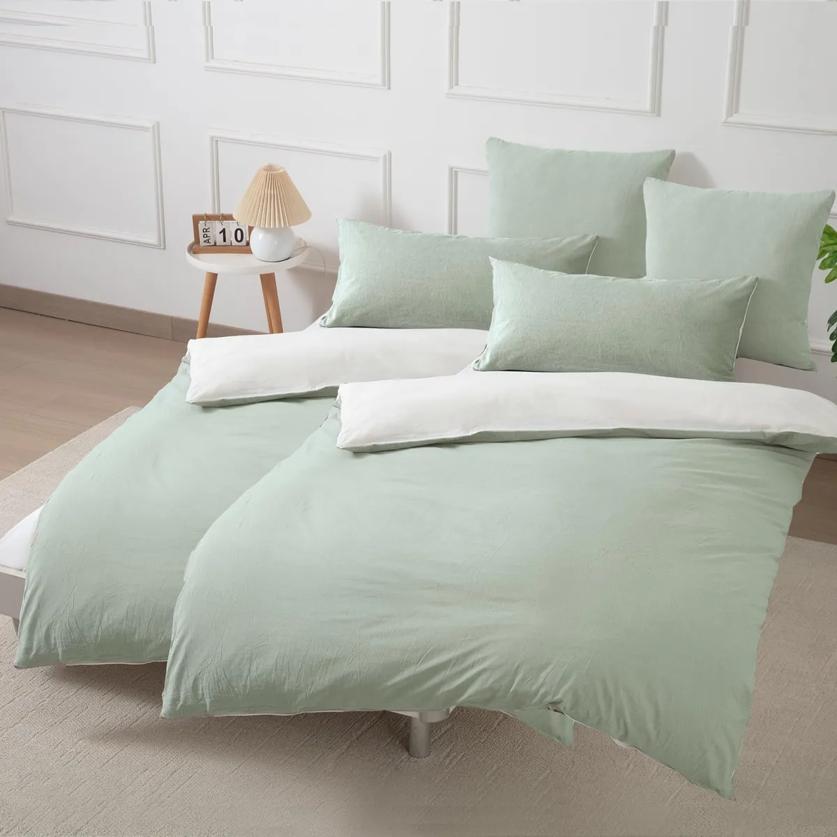 Set lenjerie pat 135x200 bumbac 100% verde salată și alb cu fermoar