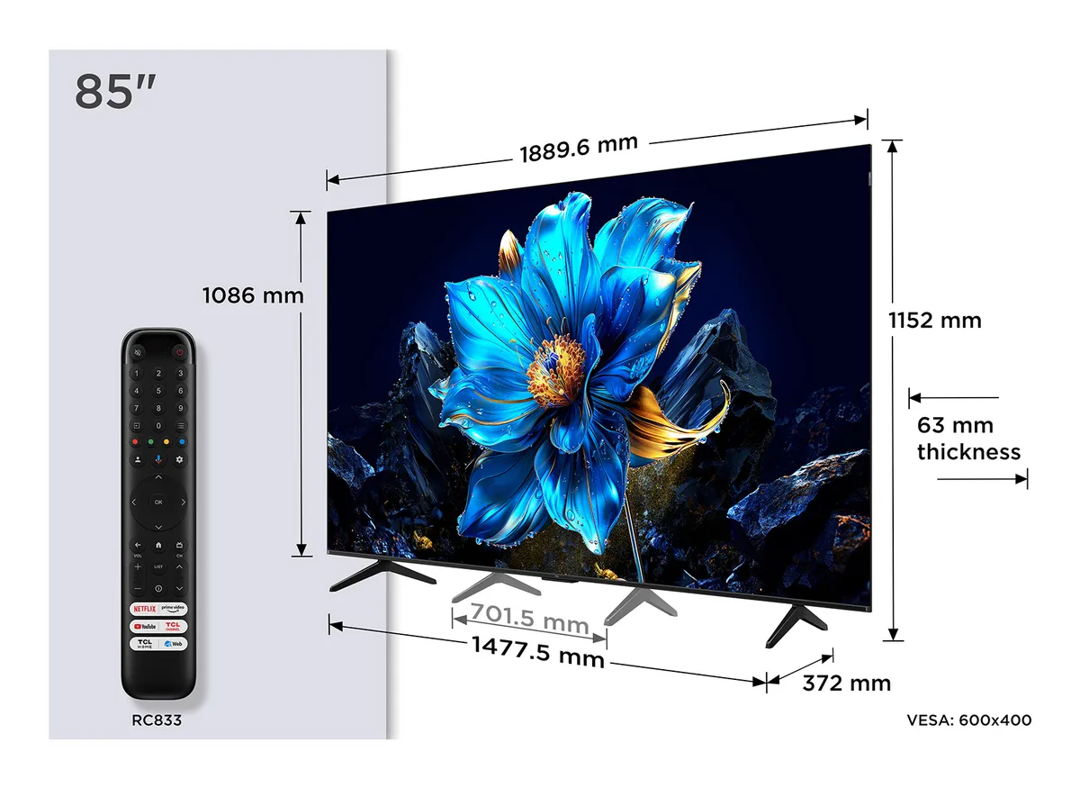 Televizor QLED 4K 85 inch TCL 85P7K cu ecran de 214 cm