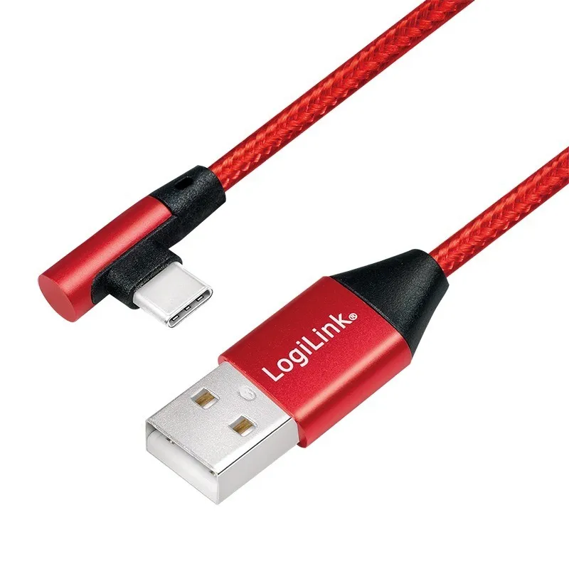 Cablu USB-C Logilink roșu 1m cu unghi 90 grade și împletitură bumbac