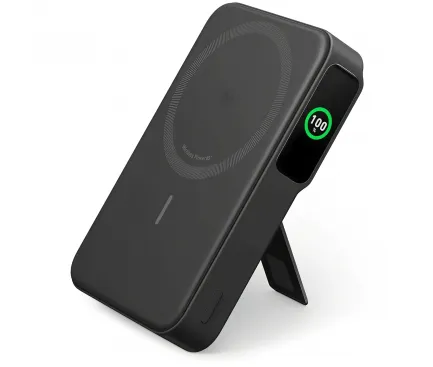 Baterie externă Anker MagGo 10000 mAh neagră cu suport pliabil și afișaj inteligent