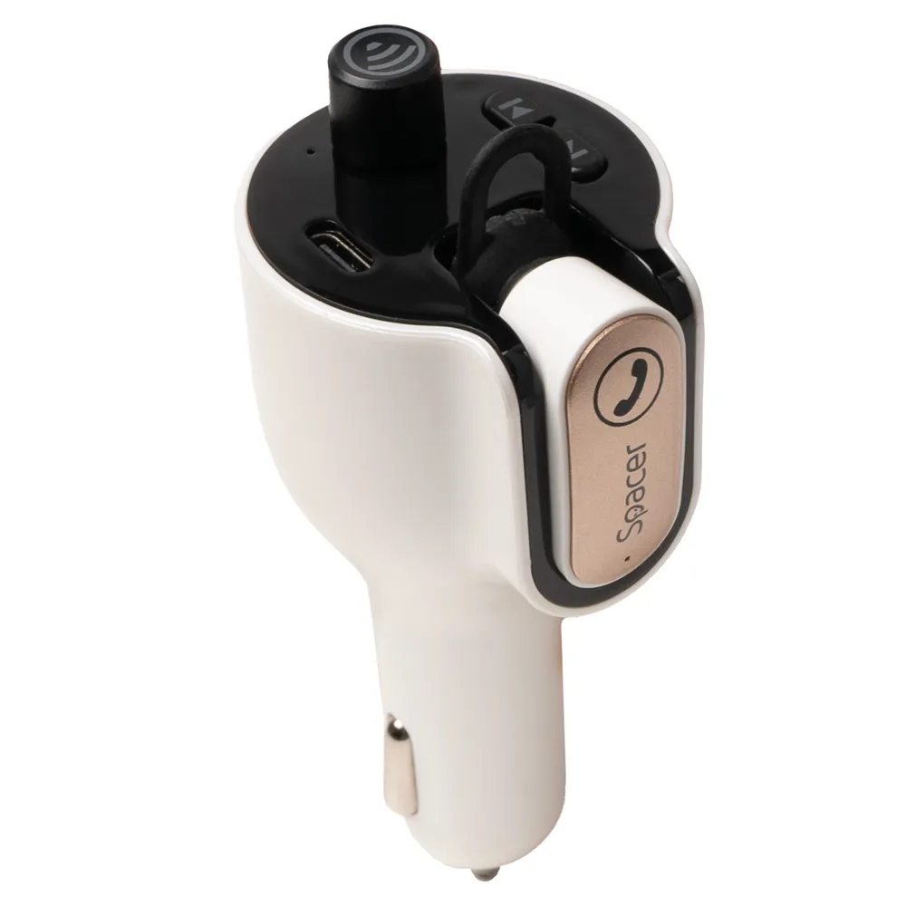 Modulator FM auto SPACER alb cu căști Bluetooth și porturi USB