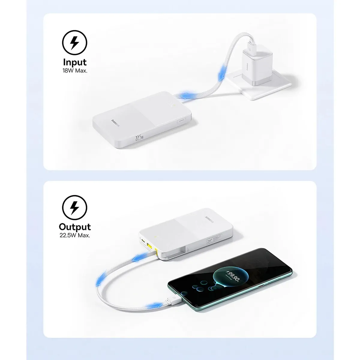 Baterie externă Baseus EnerFill alb 10000mAh cu porturi USB-C și USB