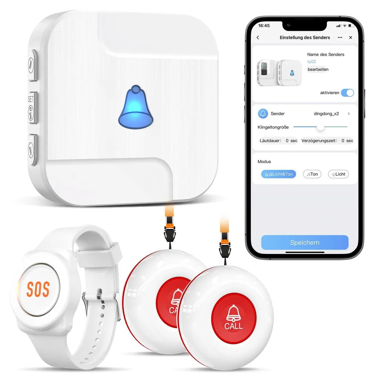 Sistem alarmă wireless cu brachetă albă și receptor urgență
