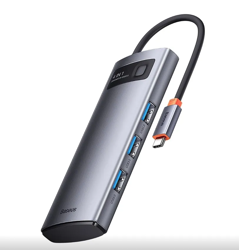 HUB USB Baseus Metal Gleam cu 4 porturi USB 3.0 și conectare USB-C gri
