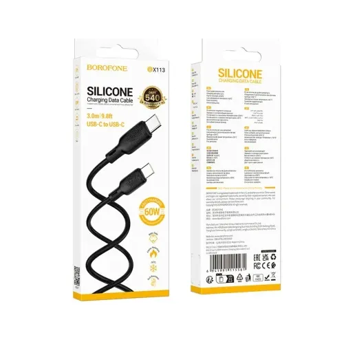 Cablu USB Type-C Borofone BX113 negru, 3 metri, cu suport 60W