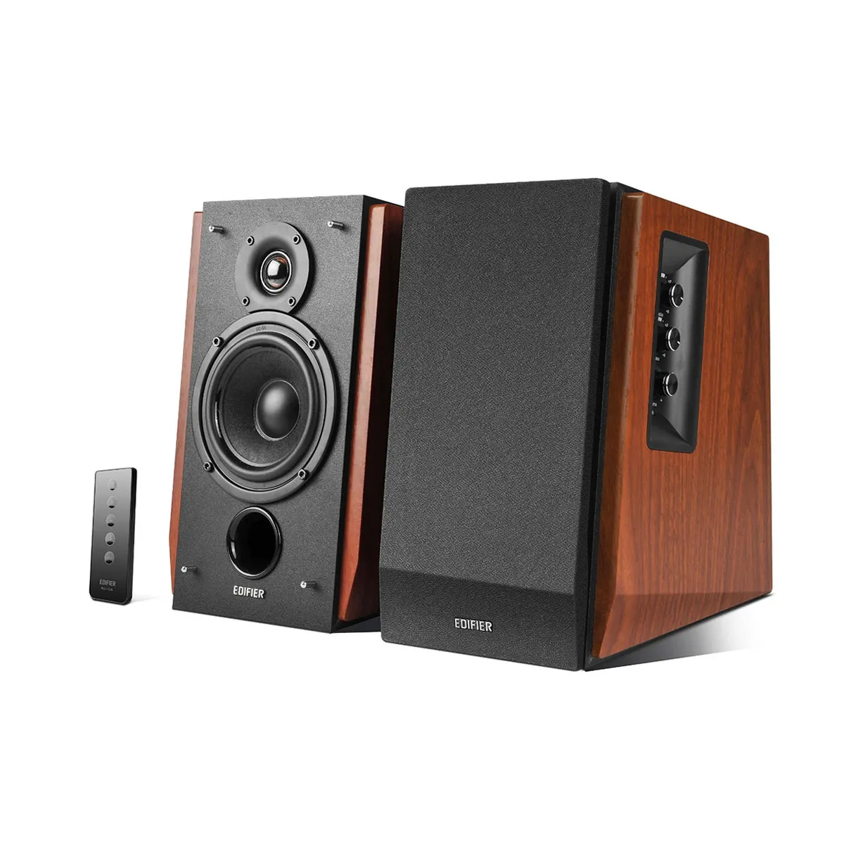 Boxă Edifier R1700BT 2.0 în culoare maro cu telecomandă wireless