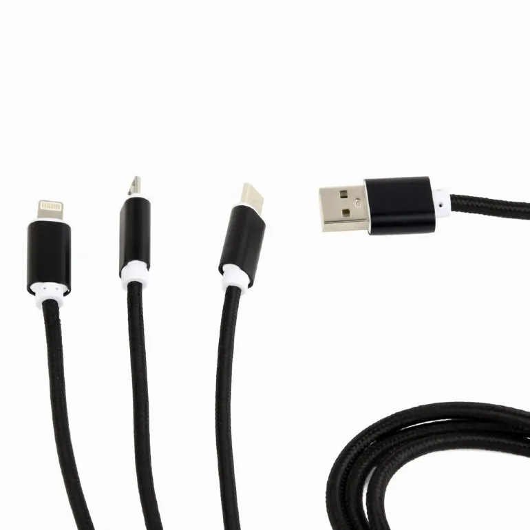 Cablu incarcare 3 in 1 Gembird cu conectori Lightning, Micro-USB si USB-C, impletit negru 1m
