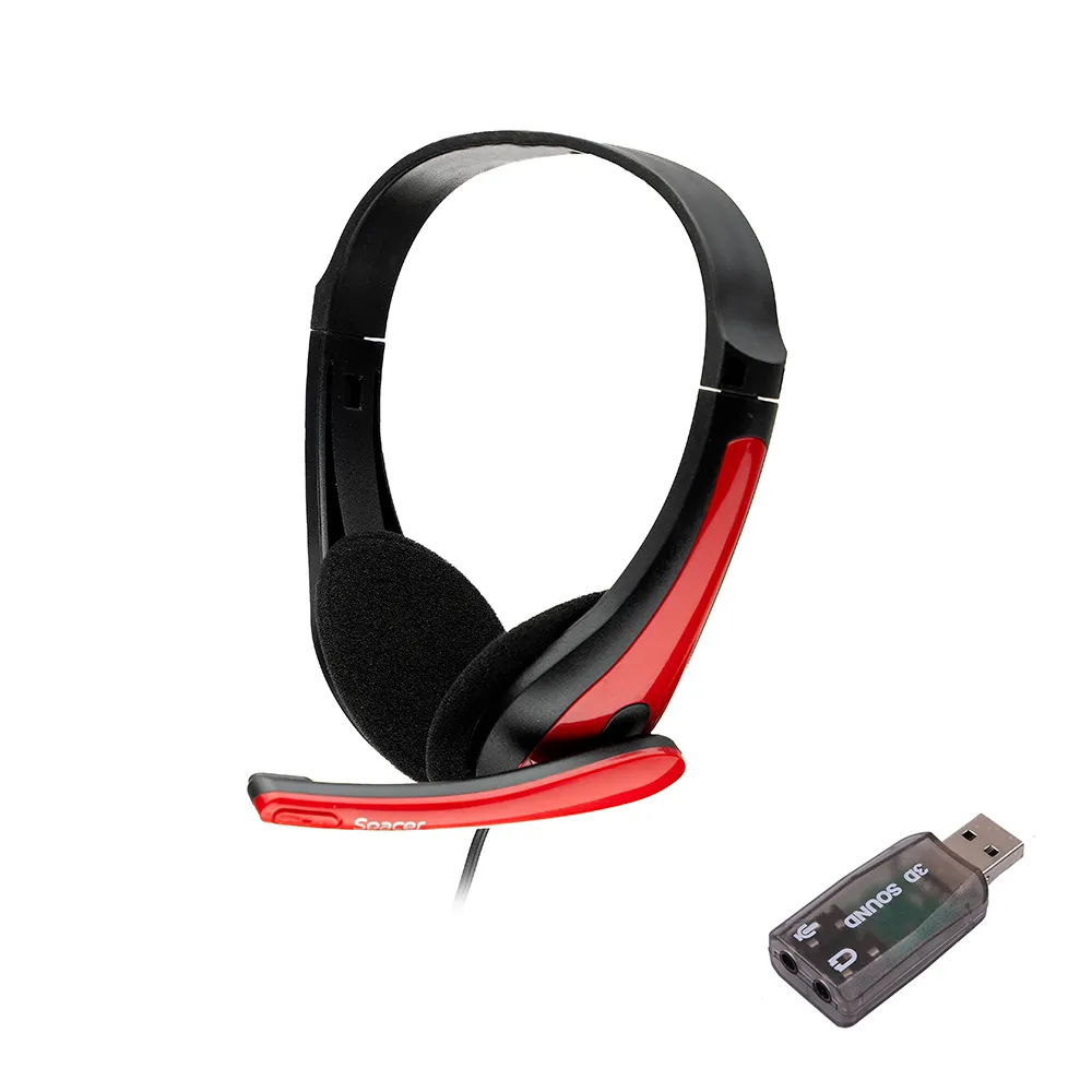 Căști Spacer SPK-507 cu fir negre și roșii cu microfon pe brat