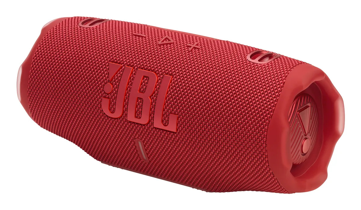 Boxă portabilă JBL Charge 6 roșie cu difuzoare și buton control