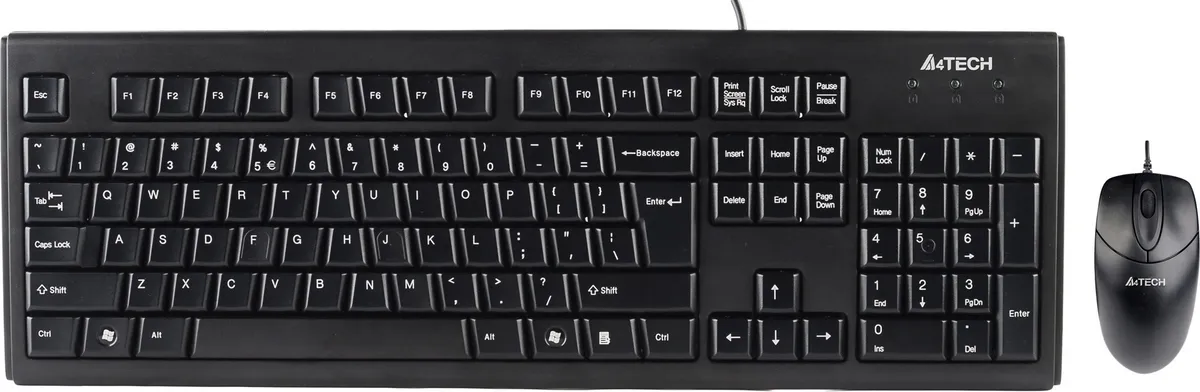 Kit tastatură și maus A4Tech cu fir, 104 taste, maus 1000 DPI, negru